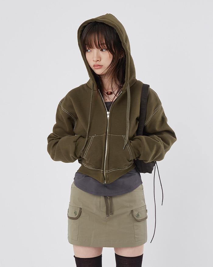 어텀 스티치 크롭 후드 집업