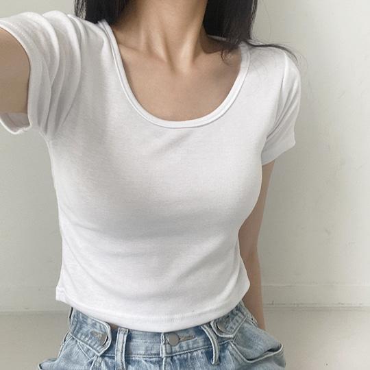 키키러브 [숏/롱 선택] 365일 입게되는, 쫀득 스판 스퀘어 유넥 라운드 반팔 크롭 & 롱 티셔츠]스무스반팔