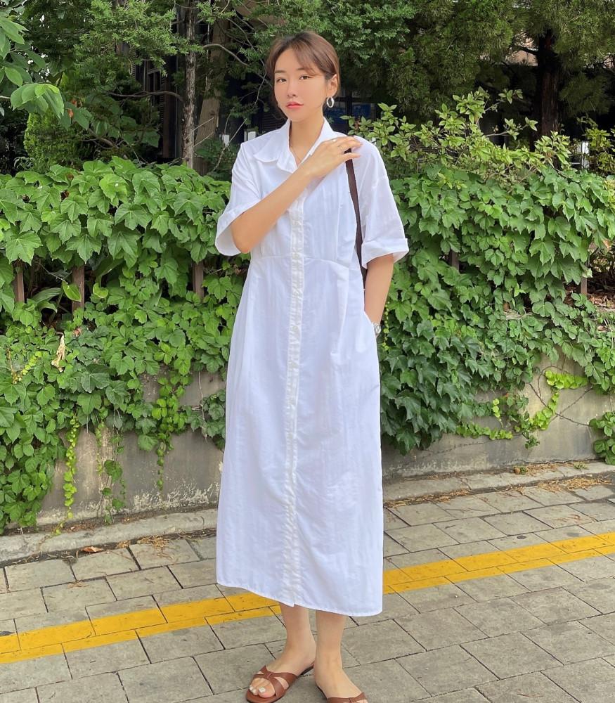 가인 셔츠 핀턱 반팔 셔츠 롱 원피스 여자 여성 여름