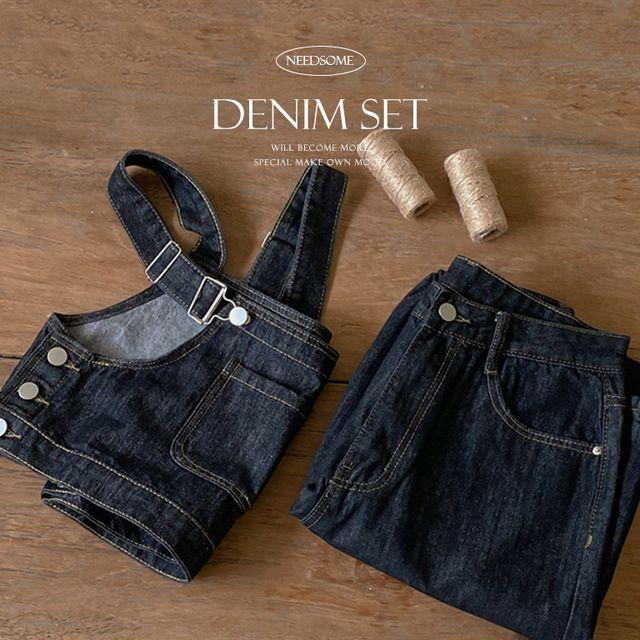[SET,단품가능!/어깨조절~] 난스판 진청 데님 크롭 오버롤 세트 와이드 멜빵 팬츠 세트/리트크롭오버롤데님세트