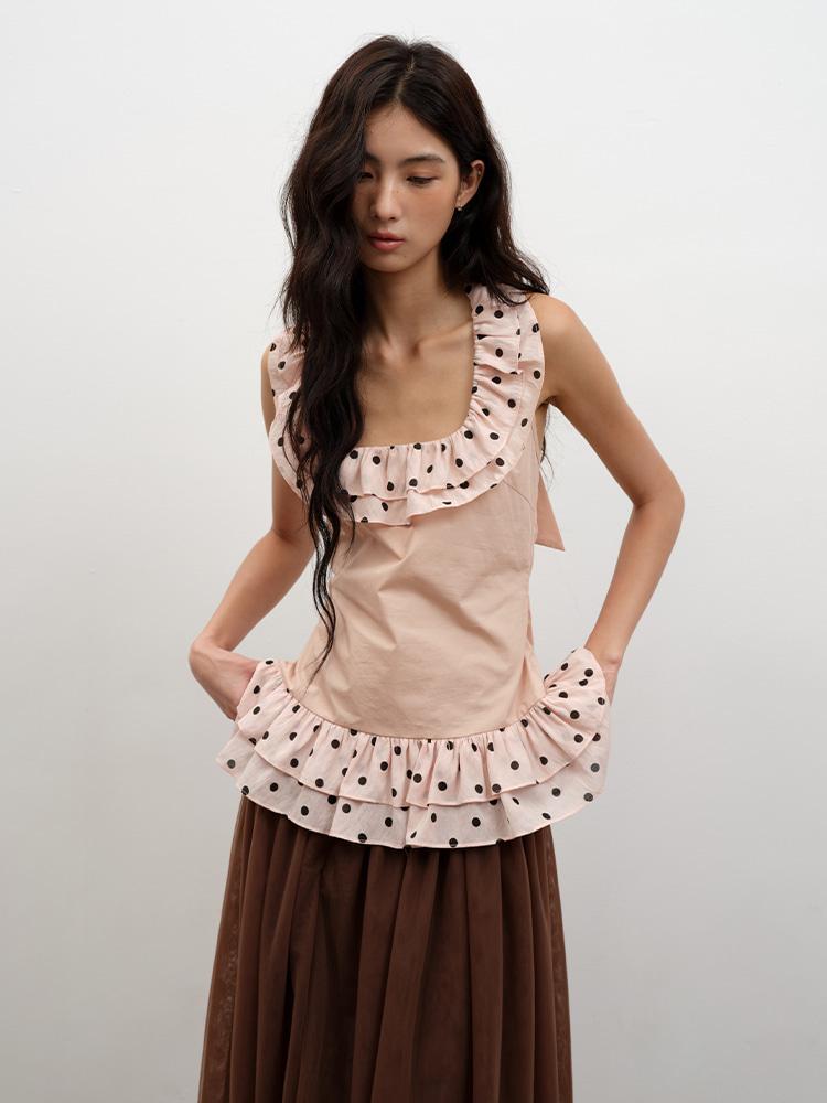 Lvetong Ruffled polka dot halter neck sleeveless