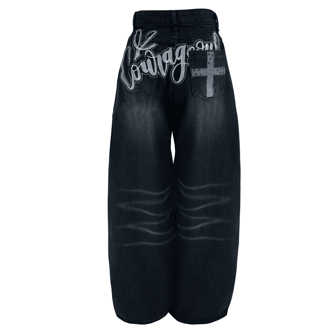 Embroidered Denim Balloon Washing Wide Pants