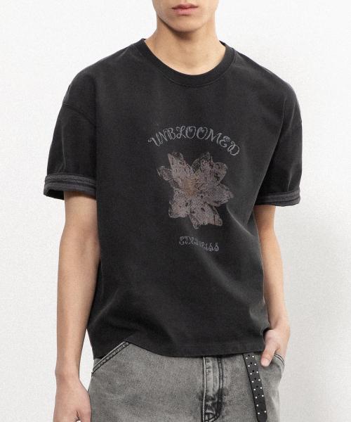 드라이 플라워 크롭 롤업 티셔츠 [워시드 블랙]