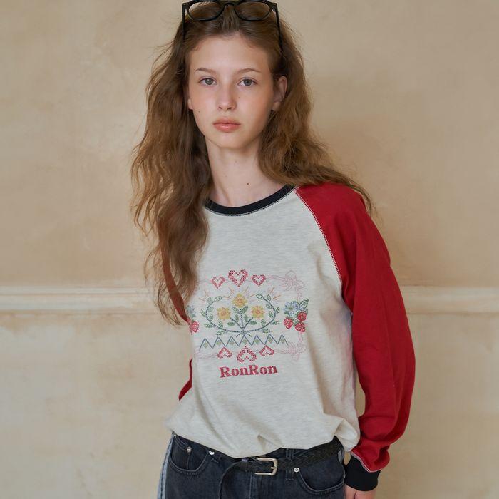 CROSS STITCH RASPBERRY RAGLAN LONG SLEEVE OATMEAL RED
