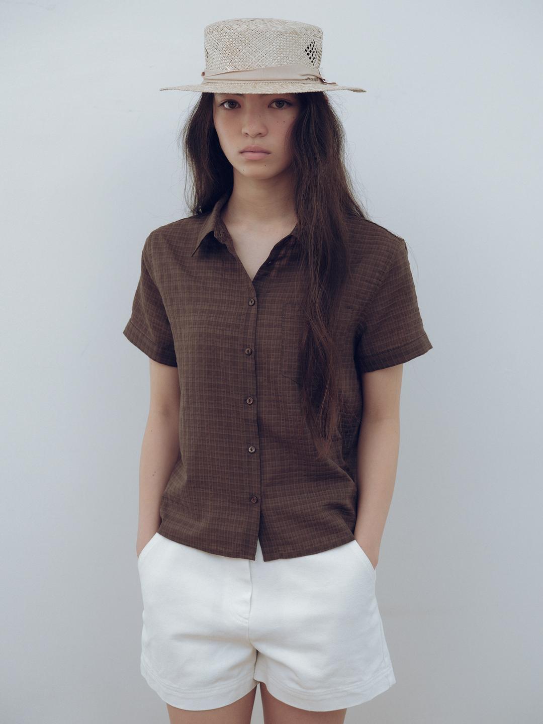 Sheer check half shirt