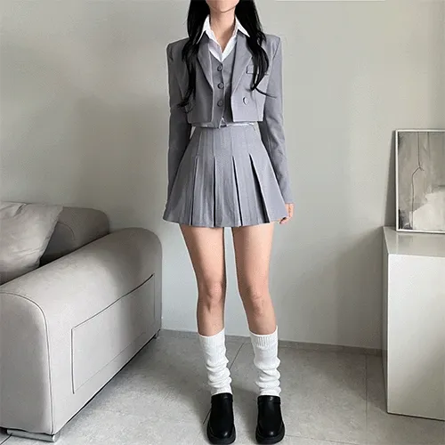 바젠 조끼 뒷버클 베스트 & 크롭 긴팔 자켓 & 플리츠 미니 스커트 셋업 ( 속바지안감 set 세트 y2k 하객룩 데이트룩 데일리룩 치마 )