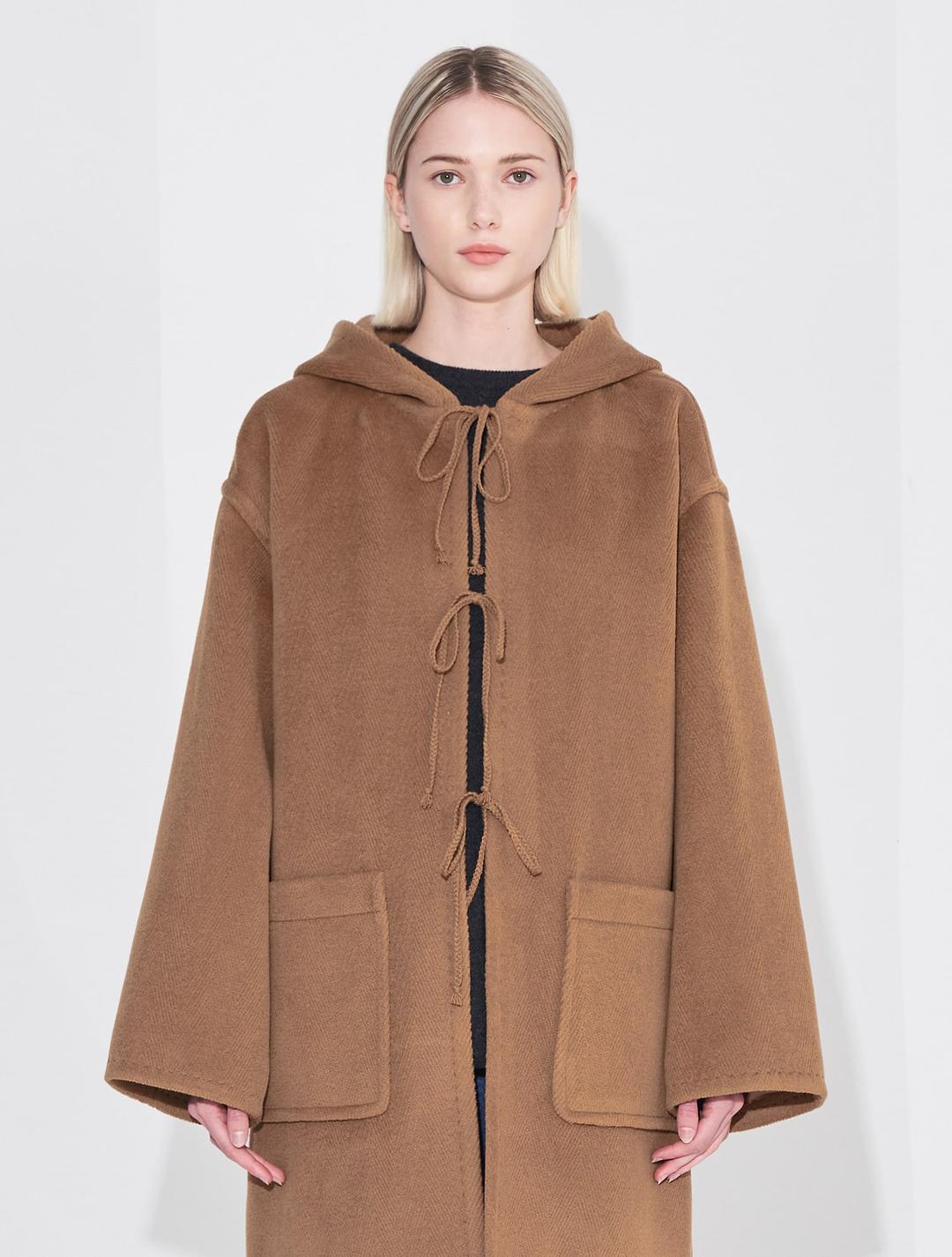 오라리 Women Wool Heringbone Pile Hooded Coat - Brown - 위시버킷