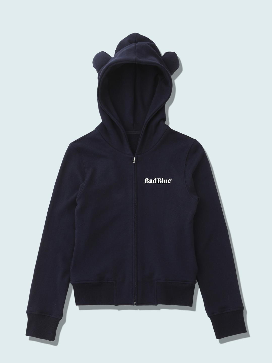 Bear Ear Zipup Crop Hoodie Navy