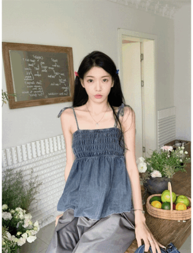 여름 신상 스모크 나시 끈 데님셔츠 캐미솔 짧은 핫 걸 오프숄더 밴딩가슴 민소매 튜브탑 데일리 캐주얼 캠퍼스룩 데이트룩 빈티지 데님블라우스