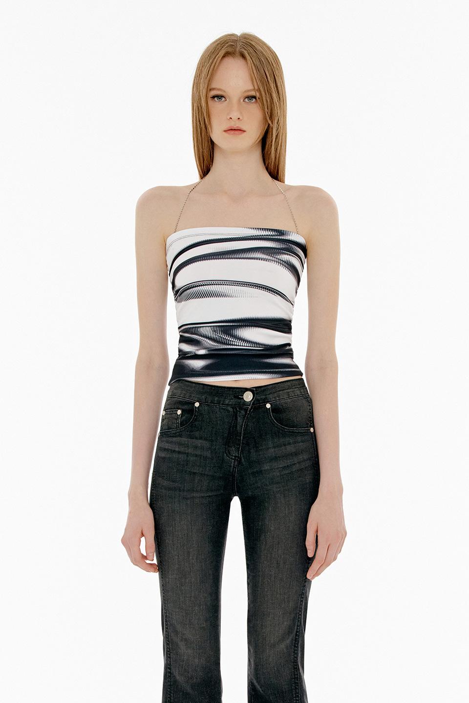 PRINTED SHIRRING CHAIN TUBE TOP - LINE PATTERN