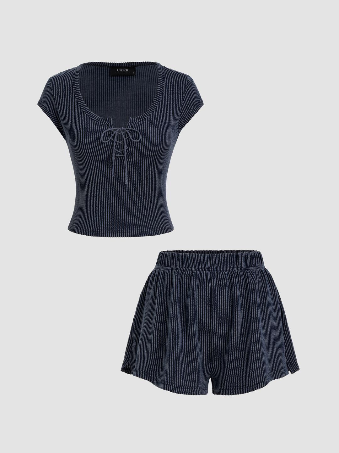 Stripe Lace Up Knotted Crop Tee & Elastic Waist Shorts Set