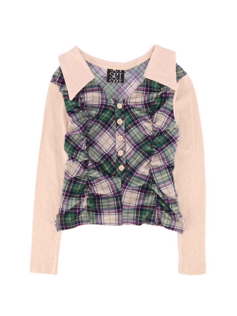 CHECKERED COLLAR SHIRRING TOP