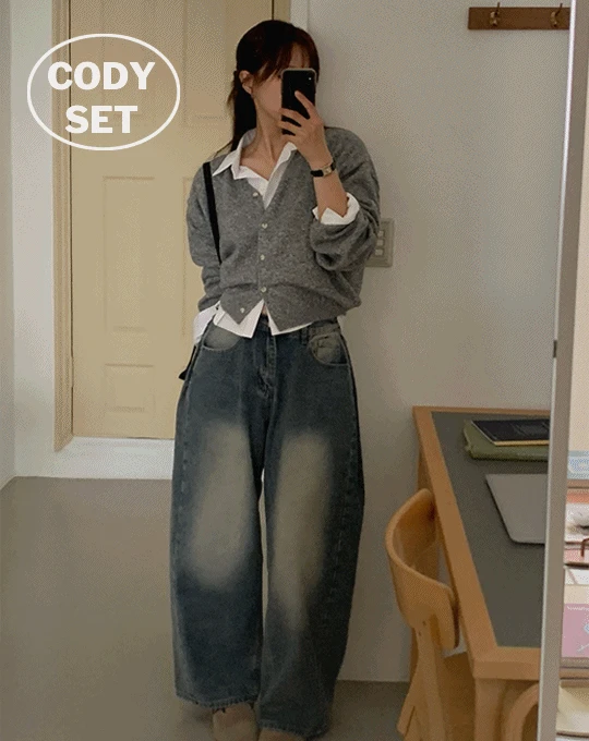 [3종 코디세트🖤] 헤리티지 랩스울 브이넥 가디건 + 브루 크롭셔츠 + 코니 와이드 데님팬츠