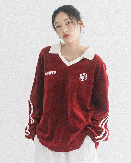 OVERSIZE VELOUR V-NECK L/S TEE(RED)