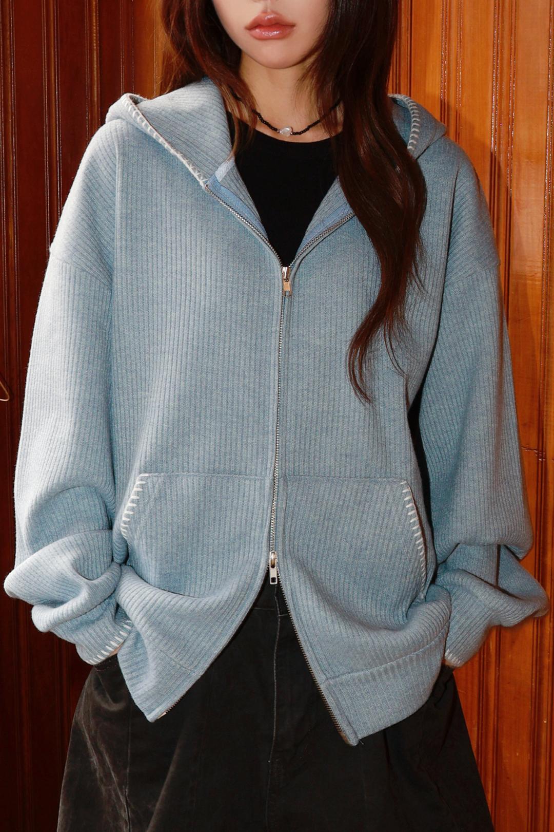 세컨앨리 멜로우 니트 스티치 후드집업