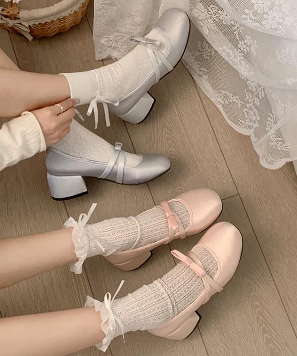 무료배송 리본 슬링 발레리나 토슈즈 메리제인 힐 (샴페인핑크,실버그레이)