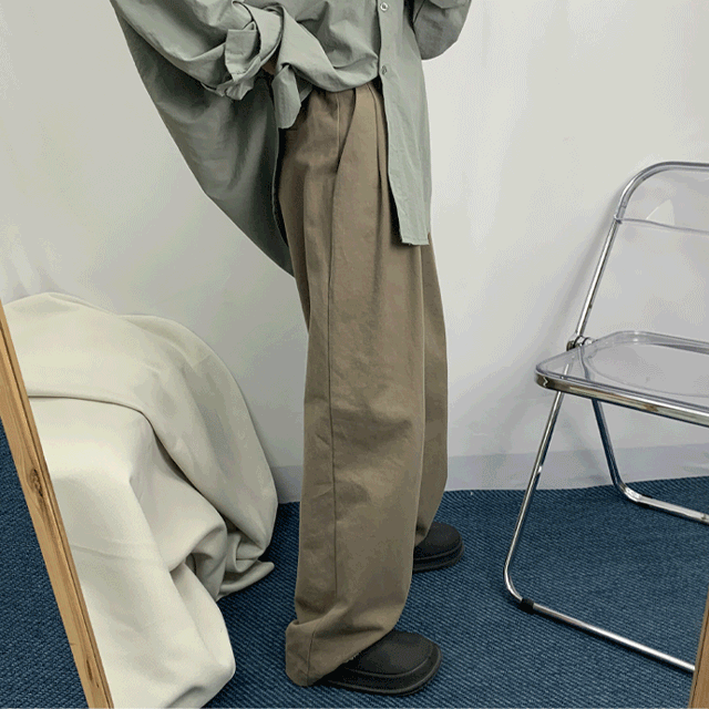 히든 핀턱 와이드 롱 코튼 팬츠