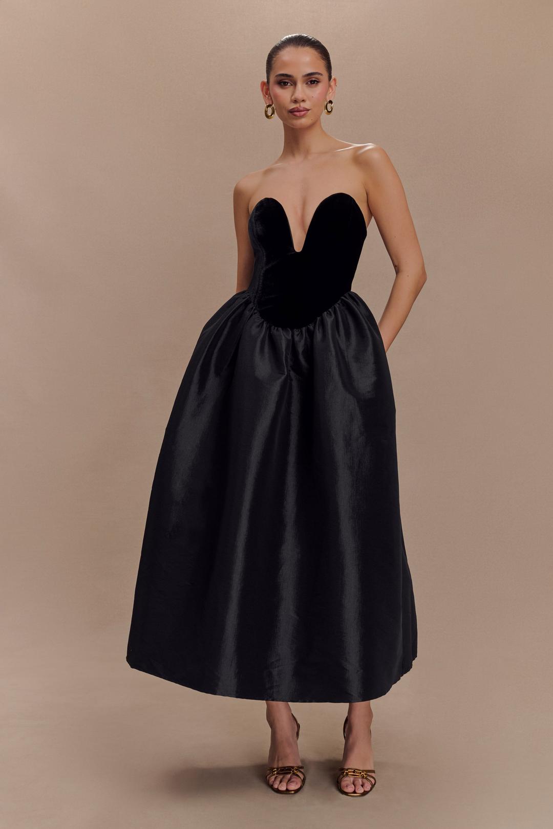 Flora Strapless Velvet Midi Dress - Black - XXS