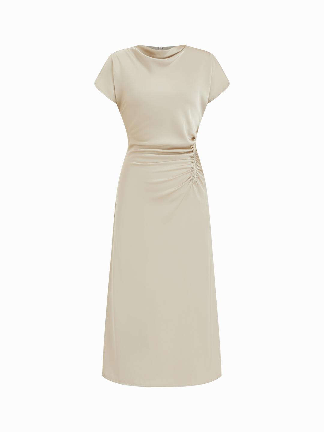 Satin High Neck Mid Rise Ruched Straight Midi Dress