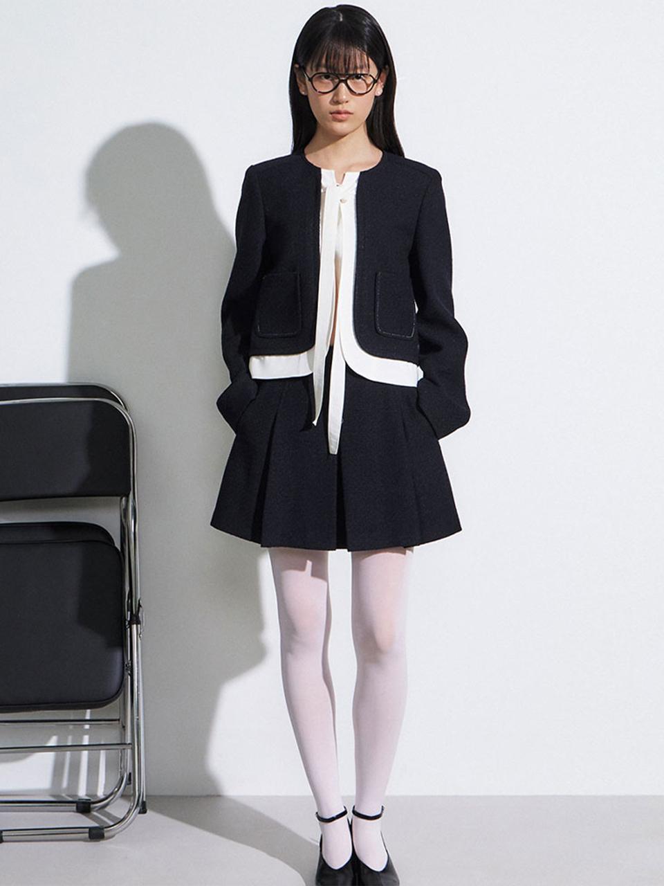 25 Spring_ Navy Tweed Mini Skirt