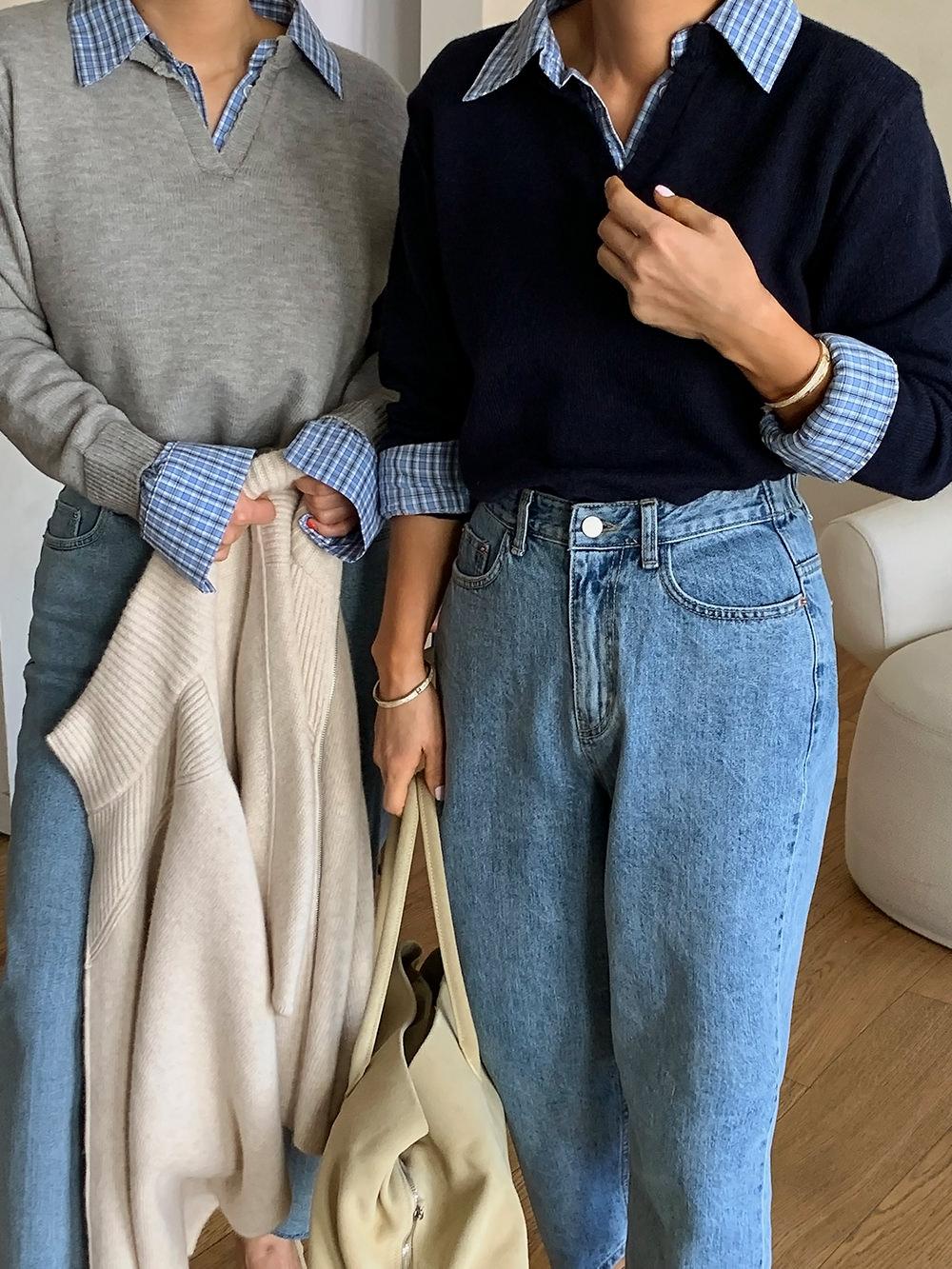 체크 레이어드 셔츠 니트