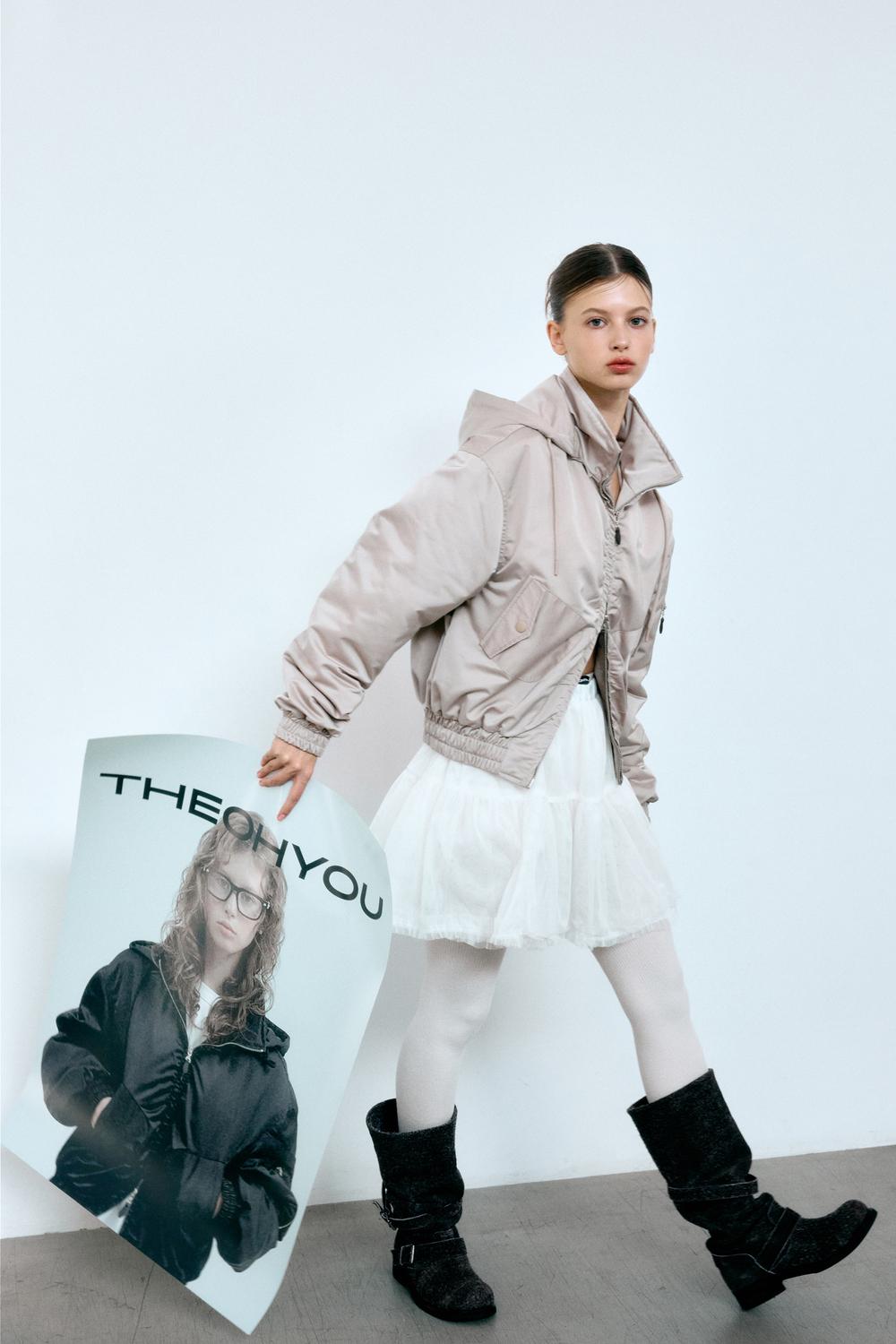 RETRO SATIN HOODIE BOMBER JUMPER (BEIGE)