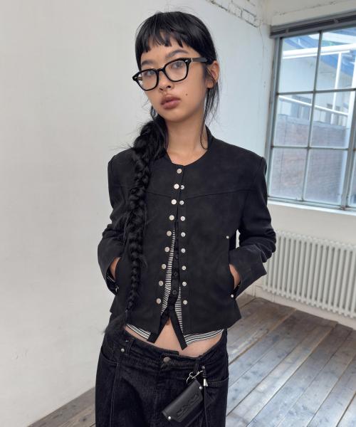 LEATHER SNAP CROP JACKET-BLACK
