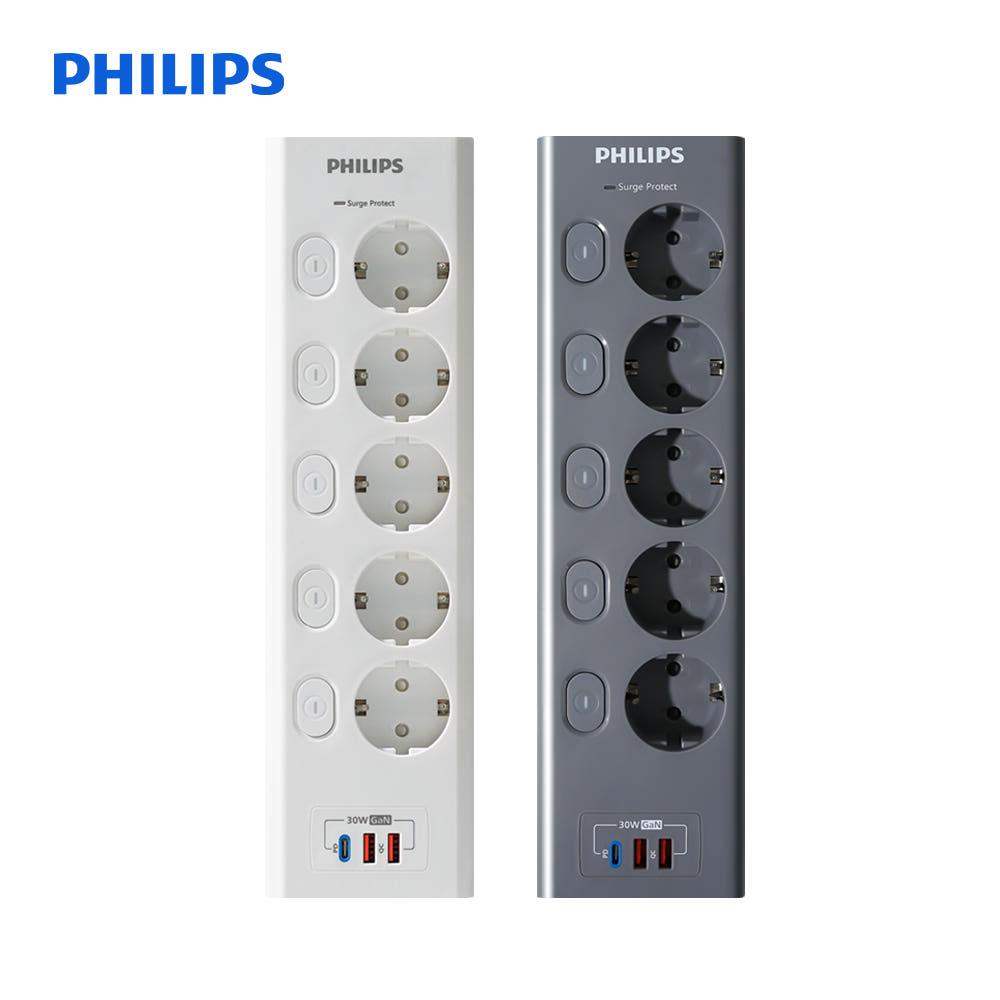 필립스 서지보호 맥스플러스 GaN USB 30W 개별 스위치 고용량 멀티탭 과부하차단 안전 접지 5구 2M 