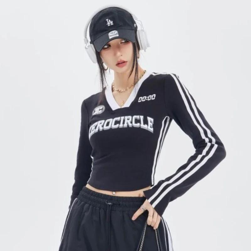 Y2k 탑스 빈티지 스트리트웨어, Acubi Egirl 긴 반팔 티셔츠, 미학 V넥 크롭탑, 한국 패션, 기본 스포츠 티