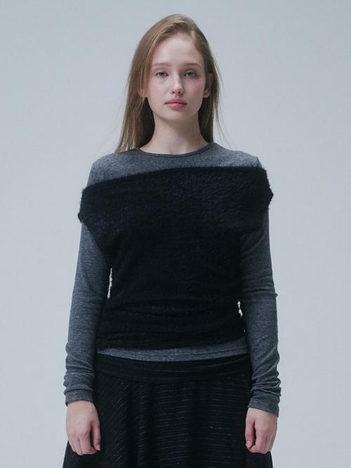 FURRY ASYMMETRY LAYERED TOP, GREY+BLACK