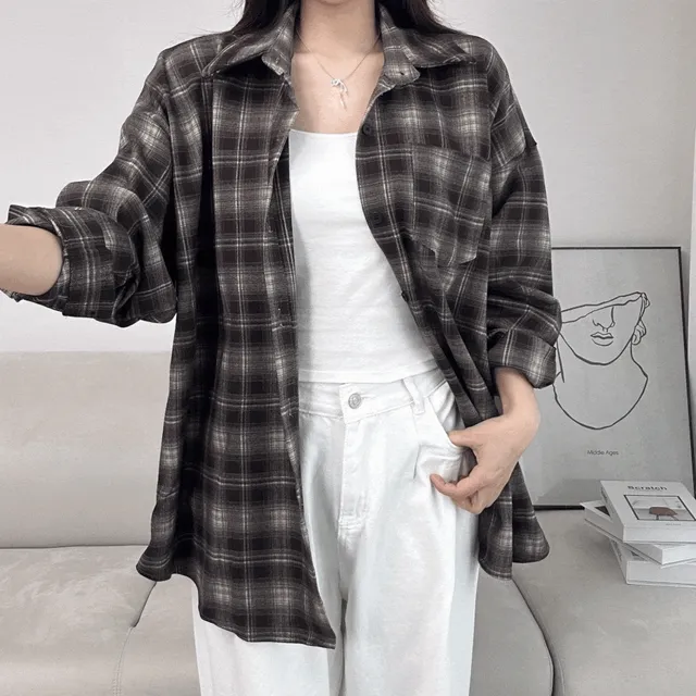 NB583 - 오버핏 체크 남방 셔츠