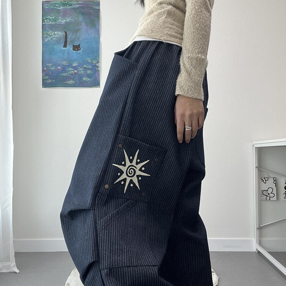 키비논 [2color] 헤턴 나염 스트라이프 카펜터 데님 와이드 팬츠