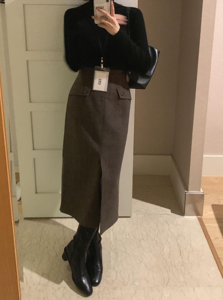 여자 울스커트 헤링본 프론트슬릿 울스커트