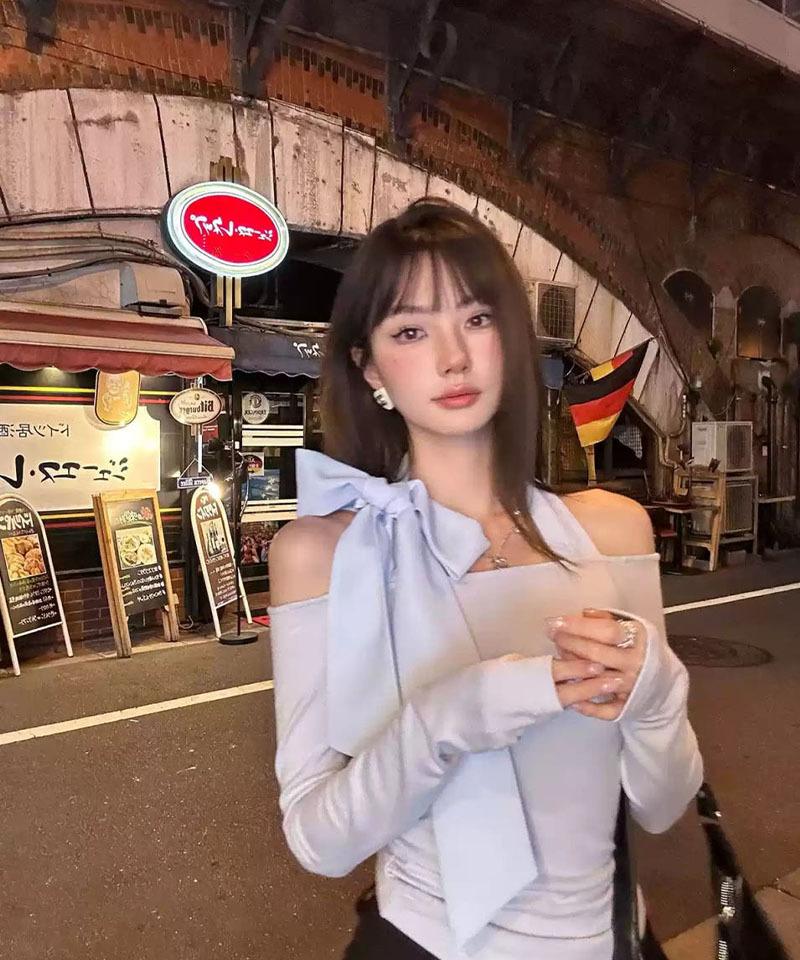 홀터 리본타이 오프숄더 탑