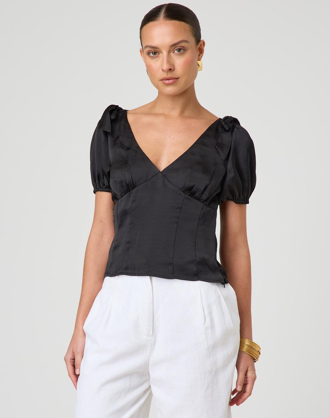 Satin Puff Sleeve Bow Top