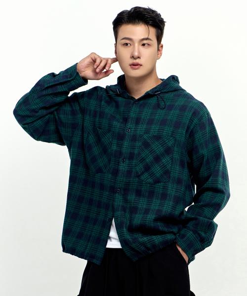 유니섹스 더블 포켓 오버핏 체크 후드 셔츠 코튼 자켓 [그린]