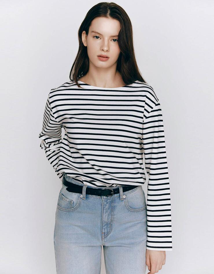 스트라이프 보트넥 긴팔 티셔츠