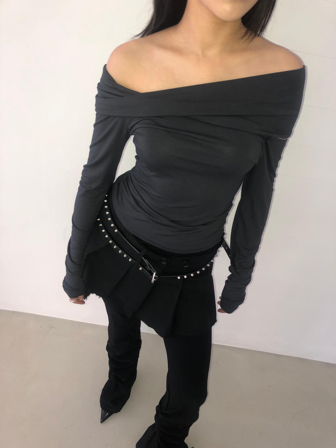 COWL NECK OFF-SHOULDER TOP CHARCOAL