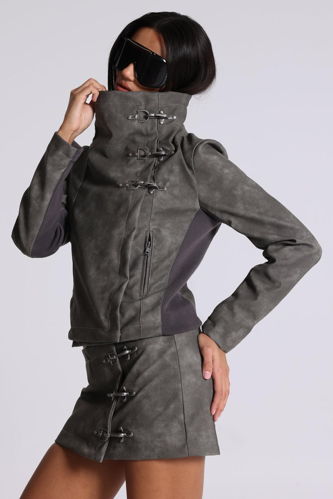 Cera Clasp PU Leather Funnel Jacket - XS / Grey