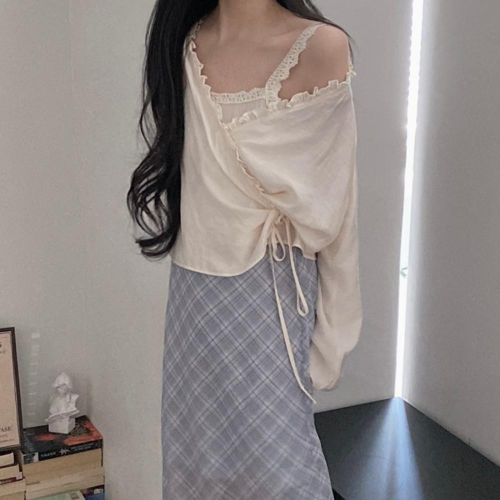 여성 셔링 리본 레이어드 프릴 랩 블라우스