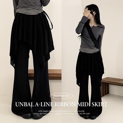 피치모드 [올밴딩/유니크힙/레이어트템!] 로린 언발 플레어 A라인 치마 리본 미디 스커트 (5color)