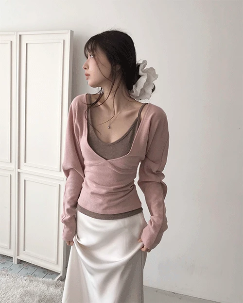 [ 파우더 솔솔 -🩷 ] 이오브 pink 브이 나시 + 랩 슬림 TOP SET