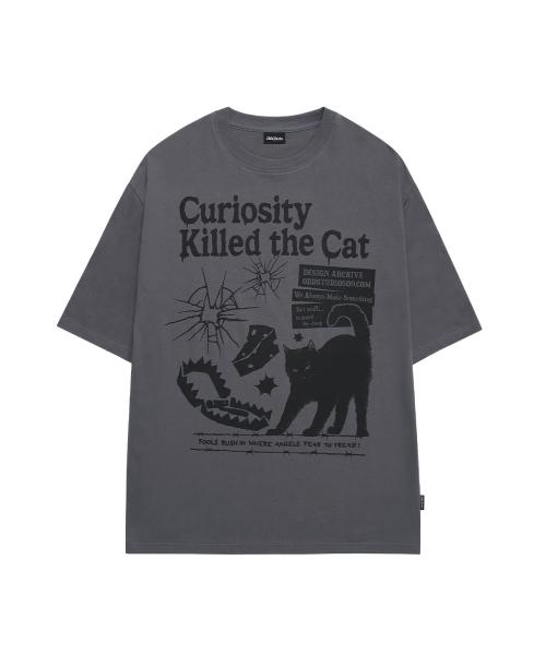 키치 캣 그래픽 오버핏 티셔츠 - LIGHT CHARCOAL