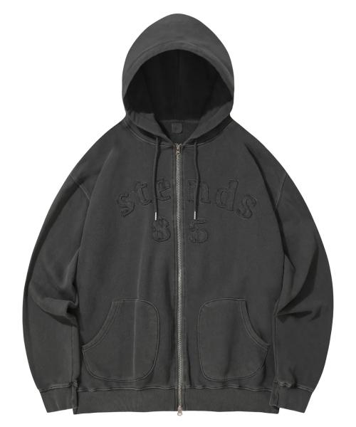 [M~4XL] 피그먼트 아치 로고 후드 집업_차콜