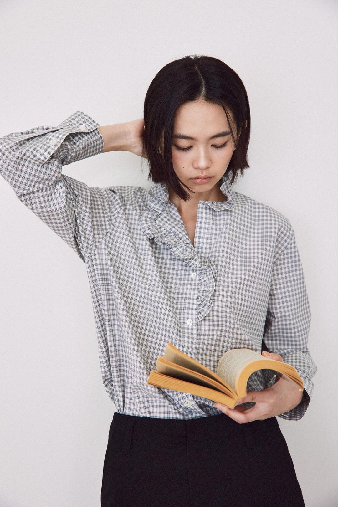 Check cotton frilld shirt fabric from japan 'CHAMBRAY\'