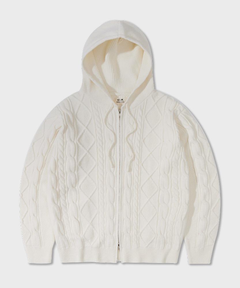 오버핏 카라 케이블 후드 니트 집업 아이보리