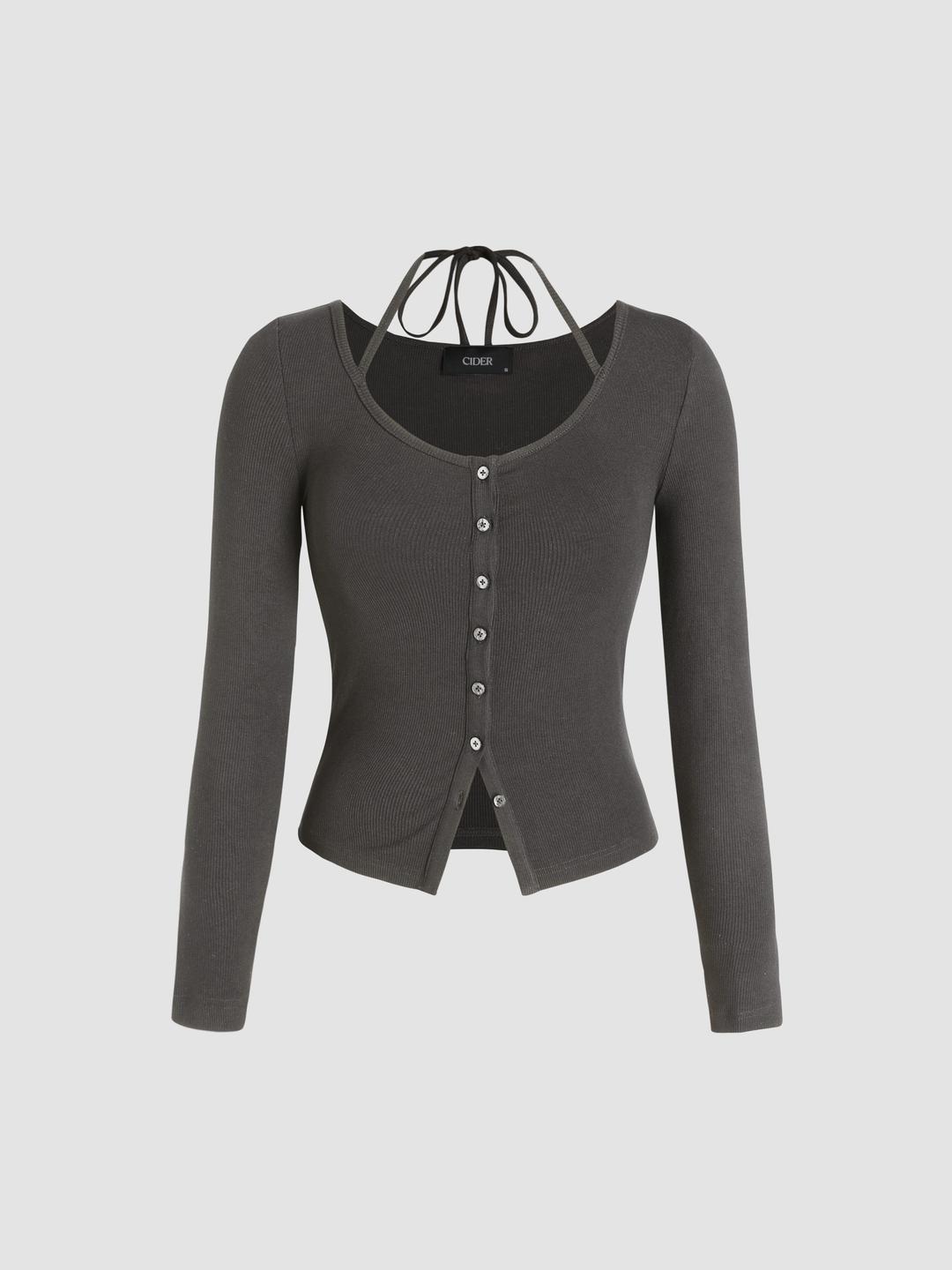Halter Neckline Button Long Sleeve Top