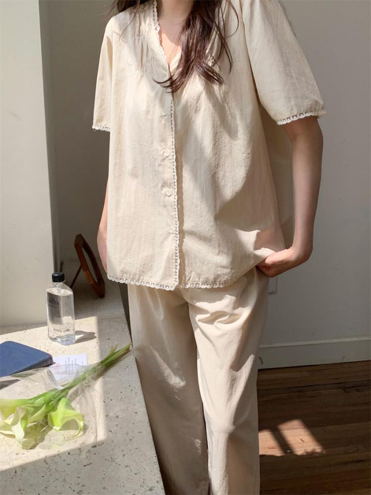 (버터레이스잠옷세트) 반팔긴바지잠옷 레이스 여름 봄 여자 노카라 면 빅사이즈 파자마