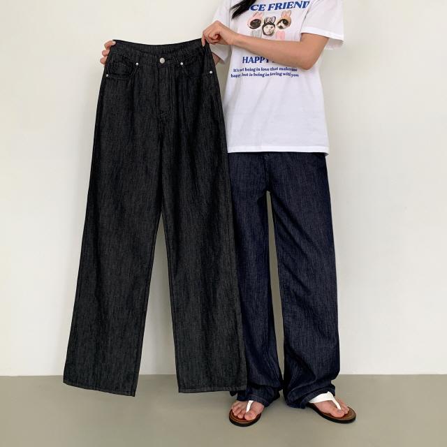 조이조이 [쿨링원단🧊/물빠짐X/3단기장] 하이앤 논페이드 생지 하이웨스트 여름 청바지 와이드 데님 팬츠