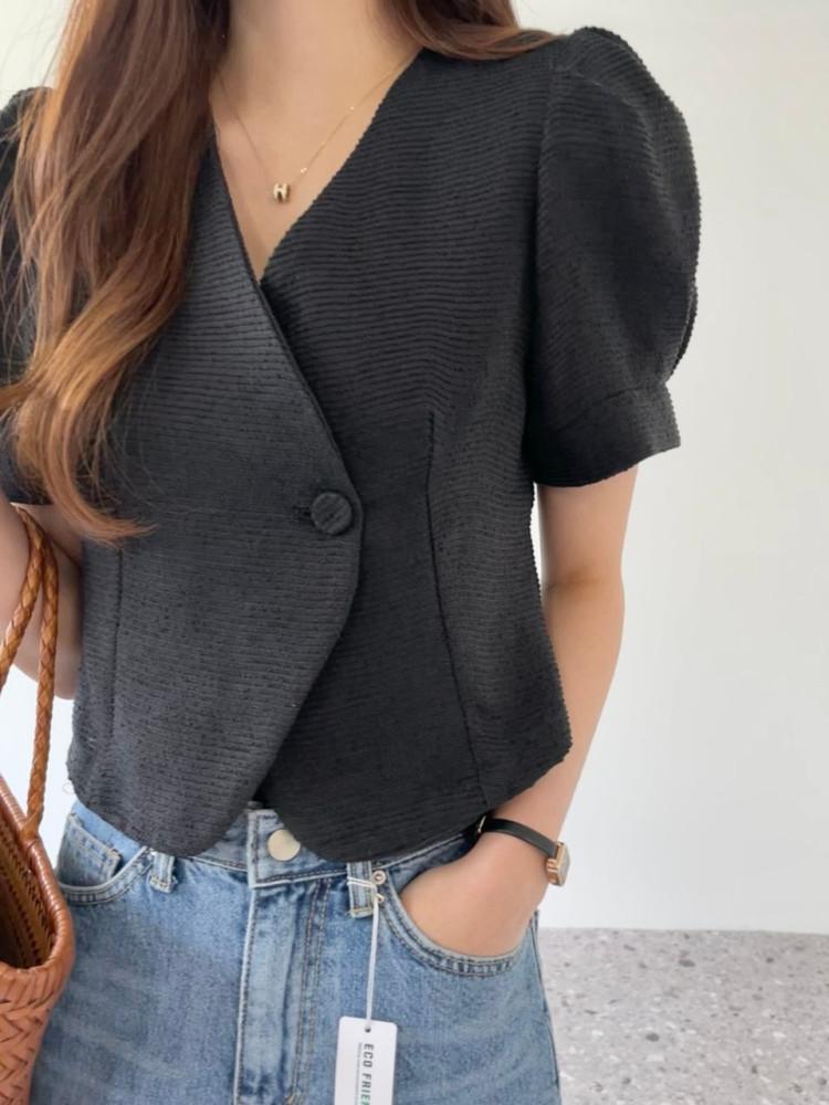 원버튼 여름 트위드자켓 어깨퍼프 크롭 여성 반팔 숏자켓